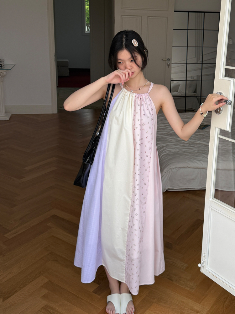 Powder Purple Floral Patchwork Spaghetti Strap Dress for Vacation, Honey Flower Design, Trendy Summer Fashion, Y2K Style