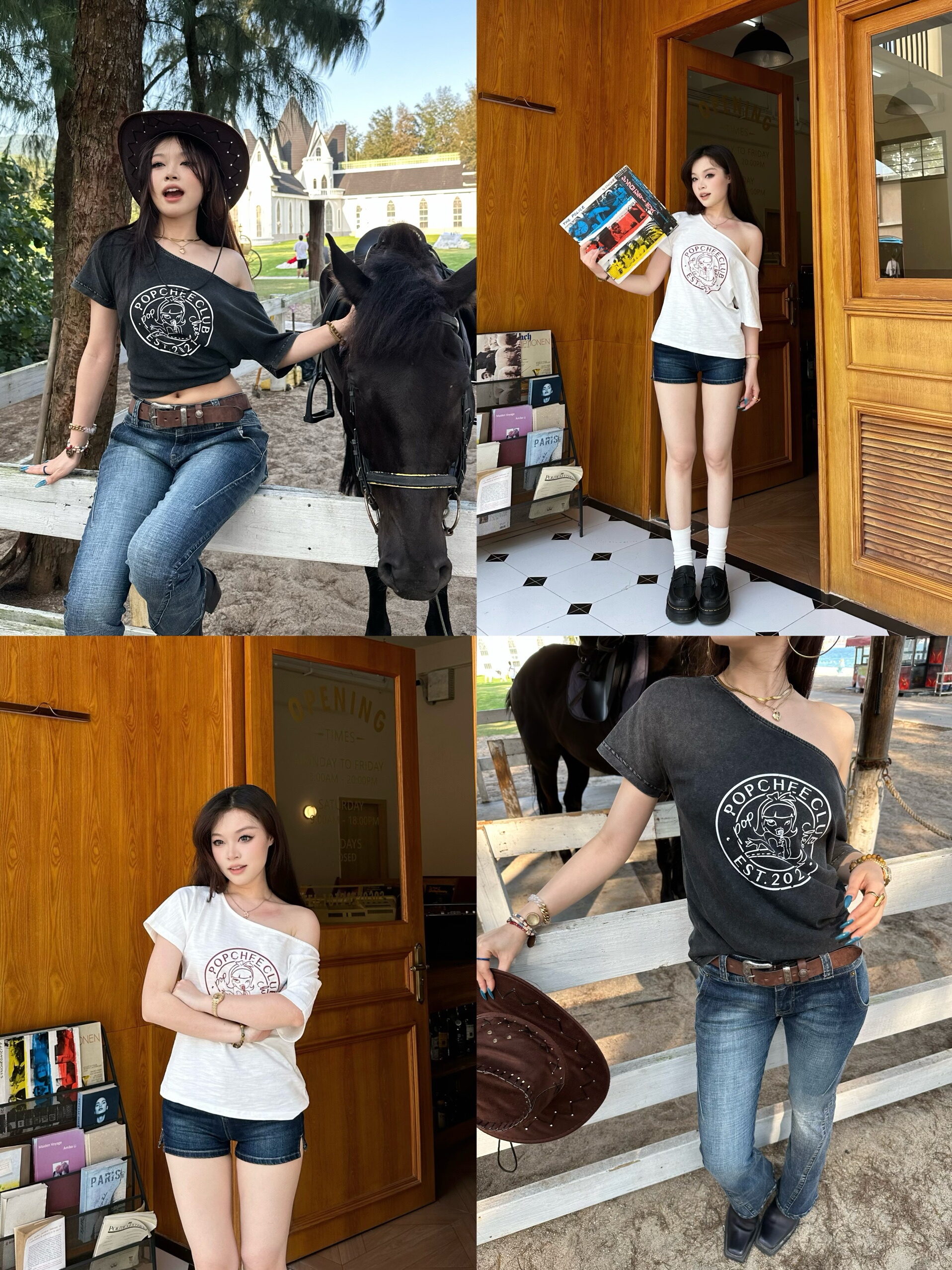 Printed Off-Shoulder Loose Tee - Trendy Fashion Icon Top for a Chic, Effortless Look - Perfect for 90s and Y2K Style Enthusiasts