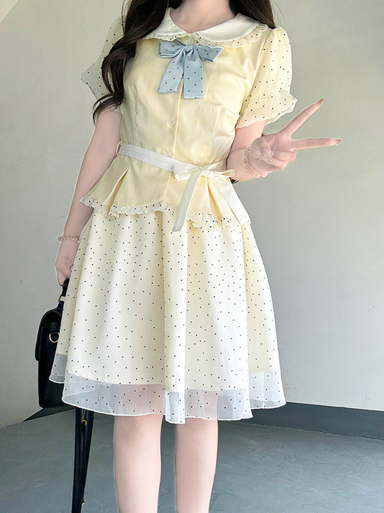 Pudding Bear JK Uniform Doll Collar Top & Polka Dot Skirt Set - Women's Sweet Summer College Style Outfit Pudding Bear JK Uniform Doll Collar Top & Polka Dot Skirt Set - Women's Sweet Summer College Style Outfit