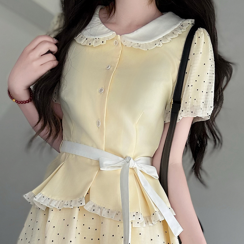 Pudding Bear JK Uniform Doll Collar Top & Polka Dot Skirt Set - Women's Sweet Summer College Style Outfit Pudding Bear JK Uniform Doll Collar Top & Polka Dot Skirt Set - Women's Sweet Summer College Style Outfit