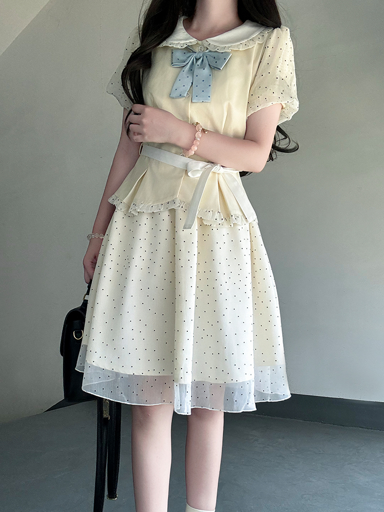 Pudding Bear JK Uniform Doll Collar Top & Polka Dot Skirt Set - Women's Sweet Summer College Style Outfit Pudding Bear JK Uniform Doll Collar Top & Polka Dot Skirt Set - Women's Sweet Summer College Style Outfit