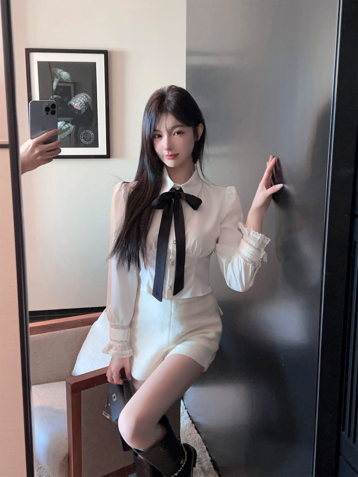 Puff Sleeve White Tie Inner Shirt for Women - Winter Short Waist-Fitting Top, Trendy Layering Essential