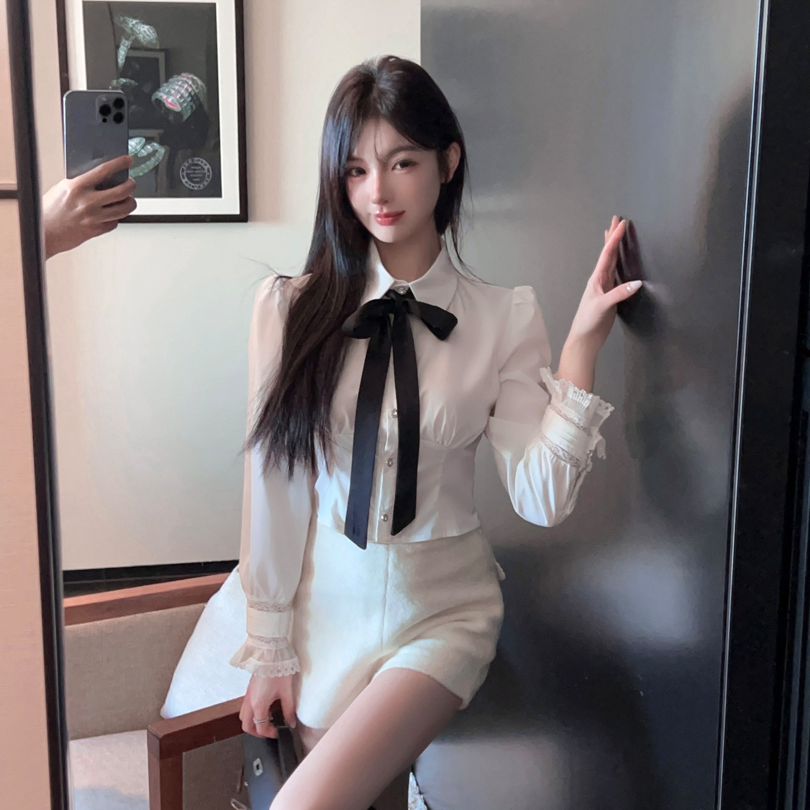 Puff Sleeve White Tie Inner Shirt for Women - Winter Short Waist-Fitting Top, Trendy Layering Essential