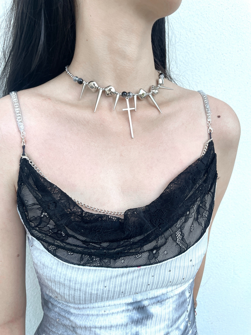 Punk Studded Cross Necklace in Titanium Steel with Tassel - Hip-Hop Style Accessory for Sweet and Spicy Girls Punk Studded Cross Necklace in Titanium Steel with Tassel - Hip-Hop Style Accessory for Sweet and Spicy Girls