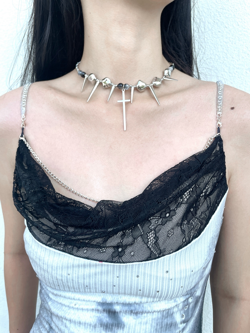 Punk Studded Cross Necklace in Titanium Steel with Tassel - Hip-Hop Style Accessory for Sweet and Spicy Girls Punk Studded Cross Necklace in Titanium Steel with Tassel - Hip-Hop Style Accessory for Sweet and Spicy Girls