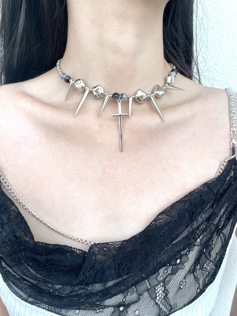 Punk Studded Cross Necklace in Titanium Steel with Tassel - Hip-Hop Style Accessory for Sweet and Spicy Girls Punk Studded Cross Necklace in Titanium Steel with Tassel - Hip-Hop Style Accessory for Sweet and Spicy Girls