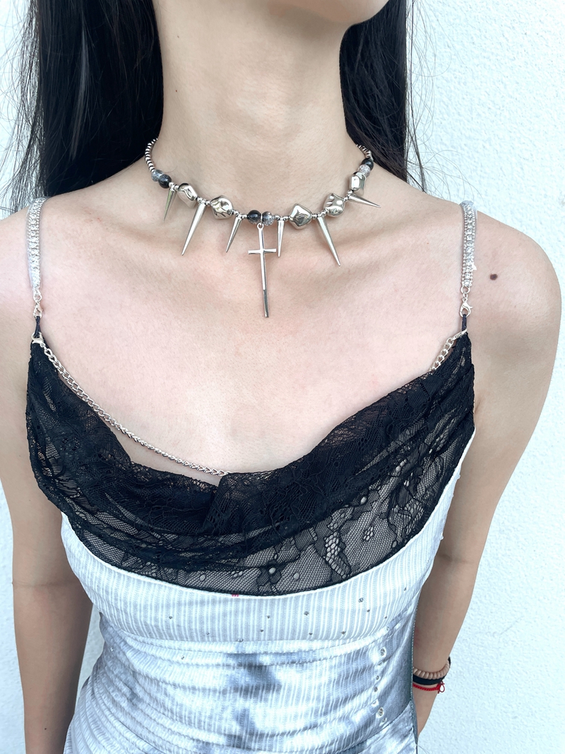 Punk Studded Cross Necklace in Titanium Steel with Tassel - Hip-Hop Style Accessory for Sweet and Spicy Girls Punk Studded Cross Necklace in Titanium Steel with Tassel - Hip-Hop Style Accessory for Sweet and Spicy Girls