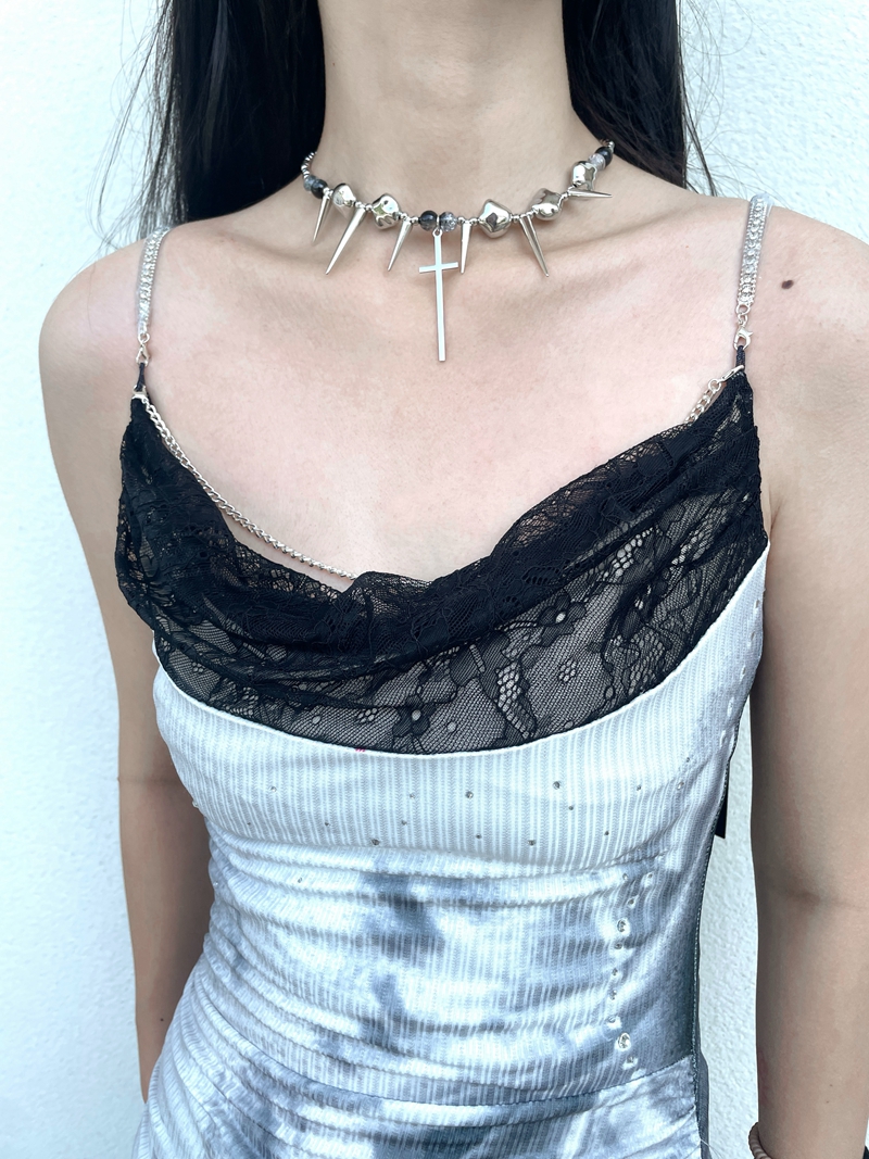 Punk Studded Cross Necklace in Titanium Steel with Tassel - Hip-Hop Style Accessory for Sweet and Spicy Girls