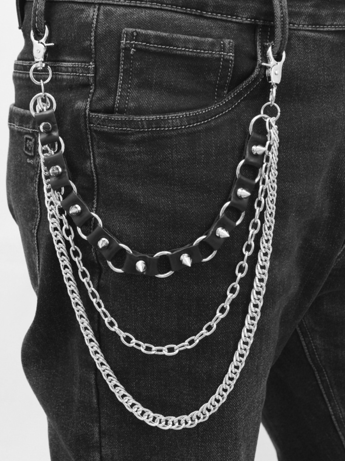 Punk Style Multi-Layer Spiked Denim Pants with Chain - Edgy 90s Streetwear Fashion for Bold Looks