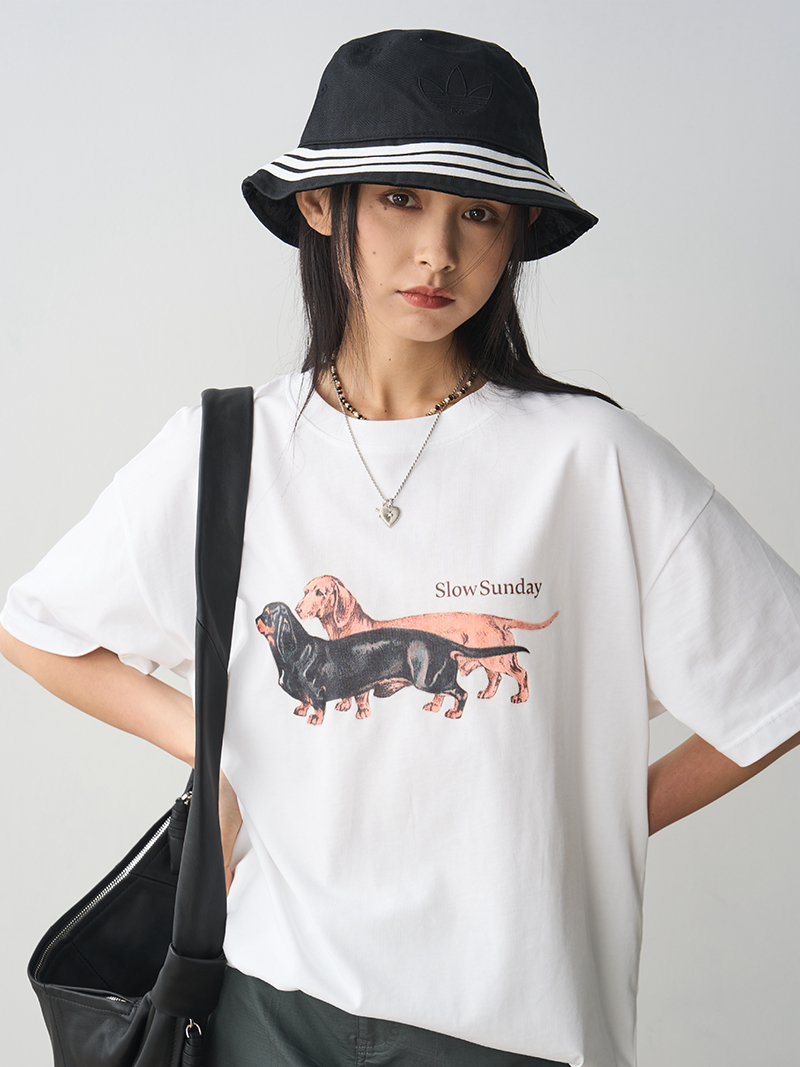Pure Cotton Sausage Dog Printed T-Shirt - White Loose Fit Short Sleeve Round Neck Top for Casual 90s Y2K Style