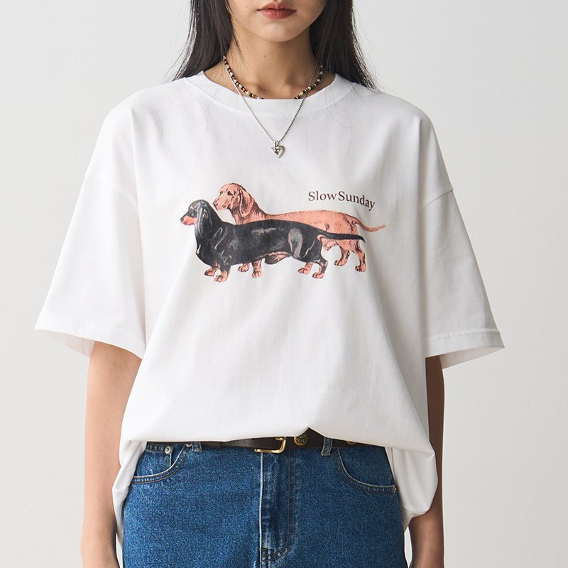 Pure Cotton Sausage Dog Printed T-Shirt - White Loose Fit Short Sleeve Round Neck Top for Casual 90s Y2K Style