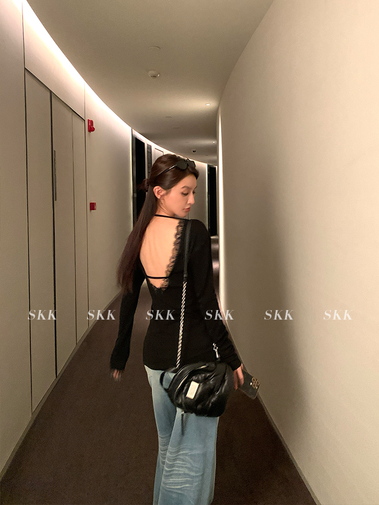 Pure Desire Backless Lace Splicing Long Sleeve Top - Slim Fit Women's T-Shirt for Spring Summer - Trendy Y2K Style Pure Desire Backless Lace Splicing Long Sleeve Top - Slim Fit Women's T-Shirt for Spring Summer - Trendy Y2K Style