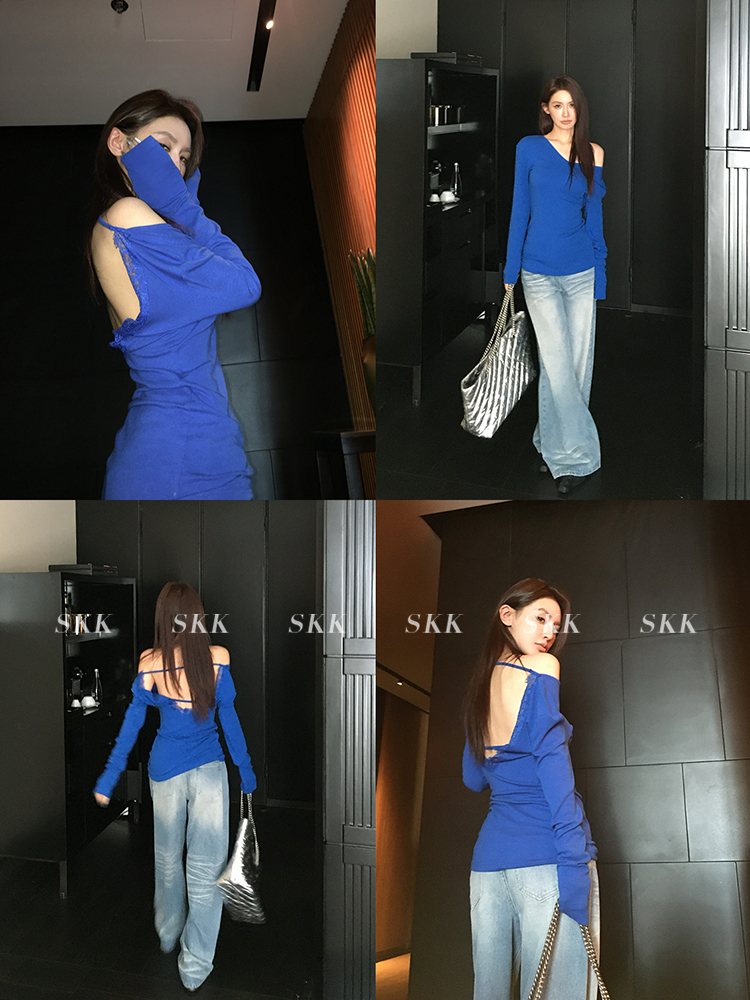 Pure Desire Backless Lace Splicing Long Sleeve Top - Slim Fit Women's T-Shirt for Spring Summer - Trendy Y2K Style Pure Desire Backless Lace Splicing Long Sleeve Top - Slim Fit Women's T-Shirt for Spring Summer - Trendy Y2K Style