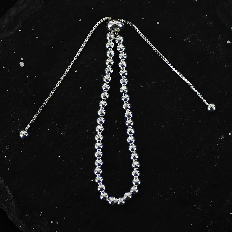 Pure Silver S925 Light Luxury Bead Pull Bracelet for Women - Simple Smooth Silver Bean Tassel, Retro Style, Niche Design