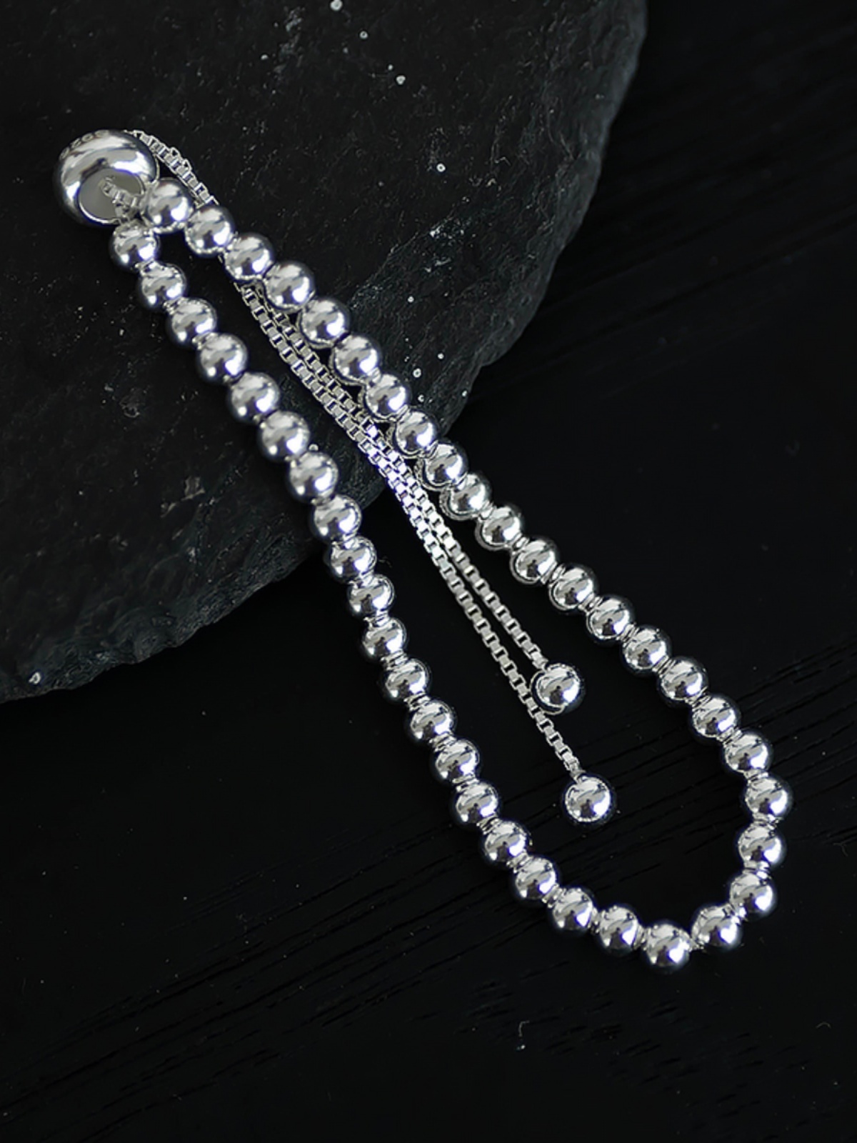 Pure Silver S925 Light Luxury Bead Pull Bracelet for Women - Simple Smooth Silver Bean Tassel, Retro Style, Niche Design Pure Silver S925 Light Luxury Bead Pull Bracelet for Women - Simple Smooth Silver Bean Tassel, Retro Style, Niche Design