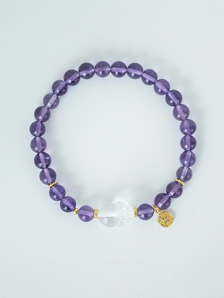 Purple Amethyst and White Crystal Pi Xiu Bracelet - Gold-Plated Light Luxury Wealth Accessory for Birthdays and Special Occasions