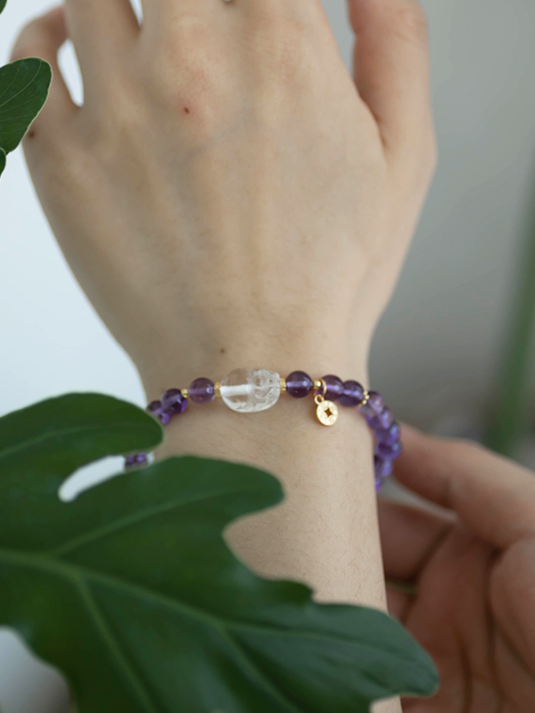 Purple Amethyst and White Crystal Pi Xiu Bracelet - Gold-Plated Light Luxury Wealth Accessory for Birthdays and Special Occasions Purple Amethyst and White Crystal Pi Xiu Bracelet - Gold-Plated Light Luxury Wealth Accessory for Birthdays and Special Occasions