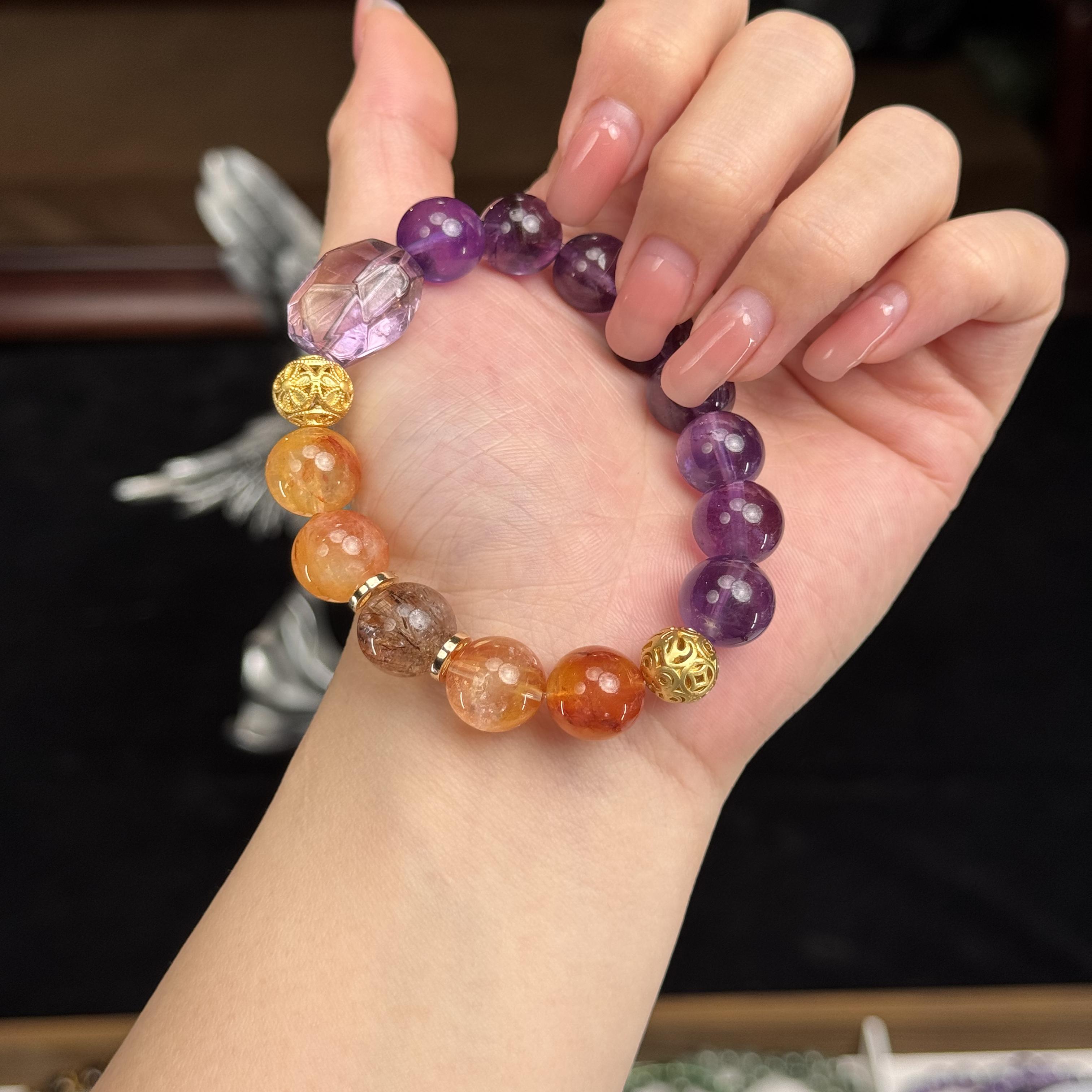 Purple Crystal Bracelet - Natural Bead String with Gold Shape & Black Gold Super Seven - Unique Wealth Master Design Purple Crystal Bracelet - Natural Bead String with Gold Shape & Black Gold Super Seven - Unique Wealth Master Design