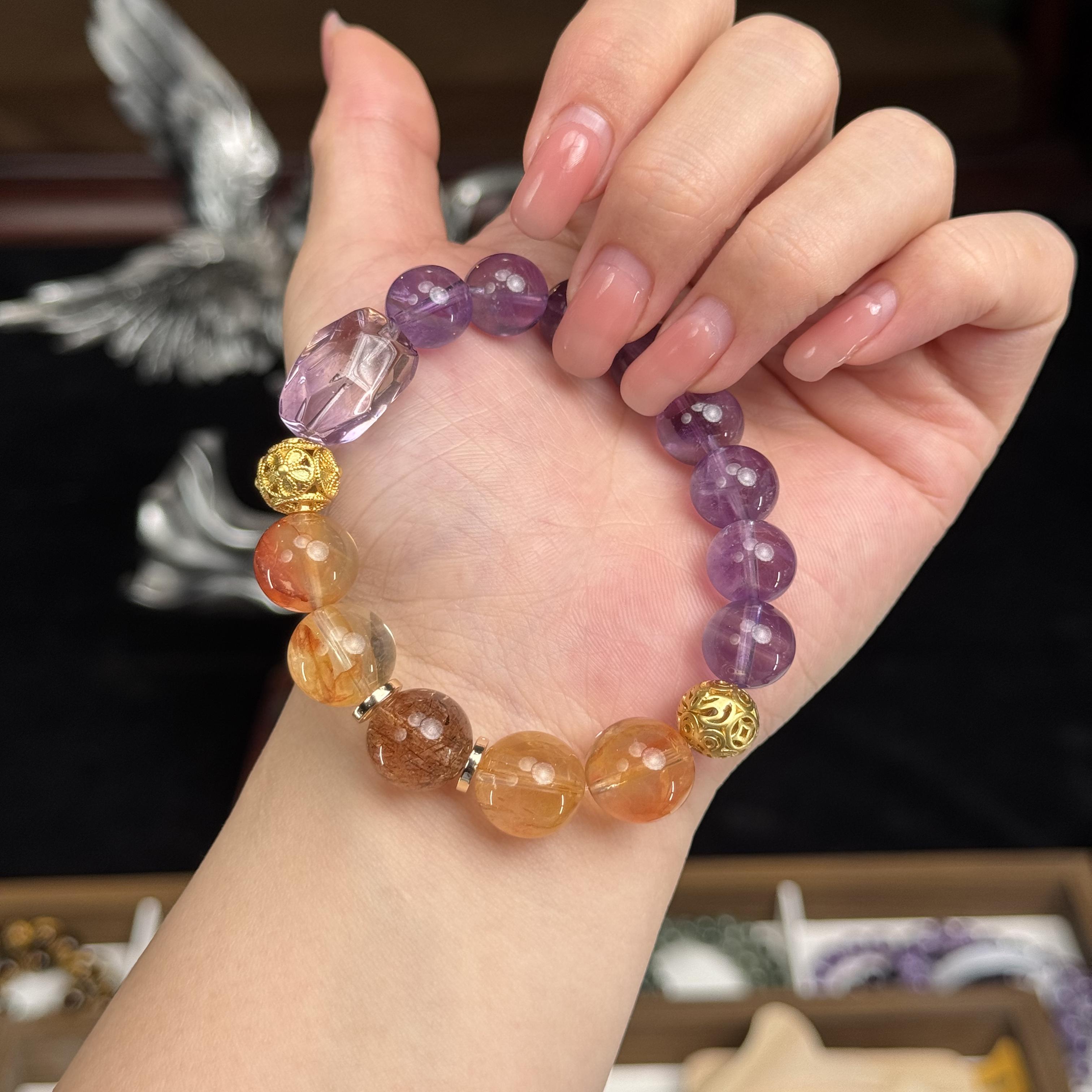 Purple Crystal Bracelet - Natural Bead String with Gold Shape & Black Gold Super Seven - Unique Wealth Master Design