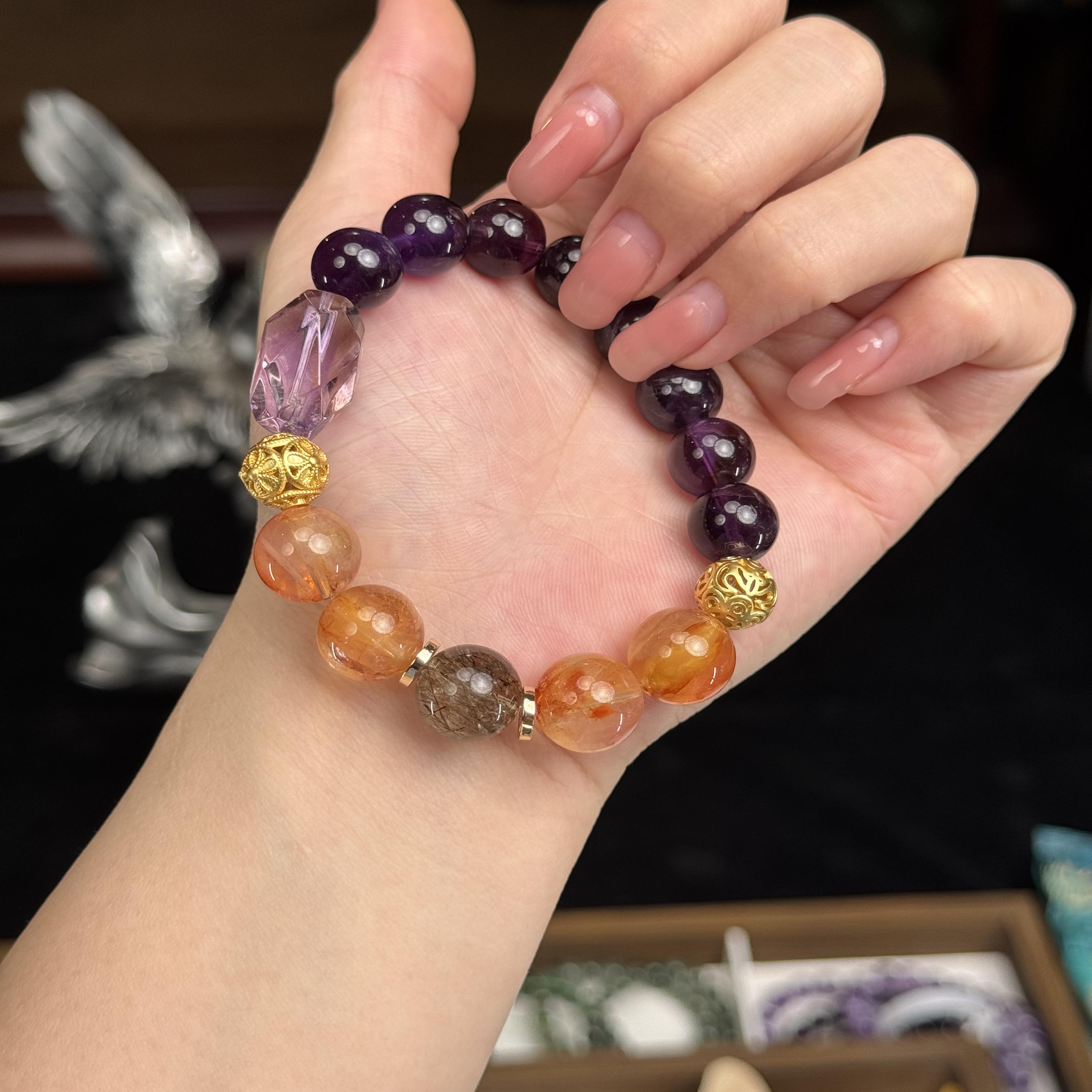Purple Crystal Bracelet - Natural Bead String with Gold Shape & Black Gold Super Seven - Unique Wealth Master Design Purple Crystal Bracelet - Natural Bead String with Gold Shape & Black Gold Super Seven - Unique Wealth Master Design