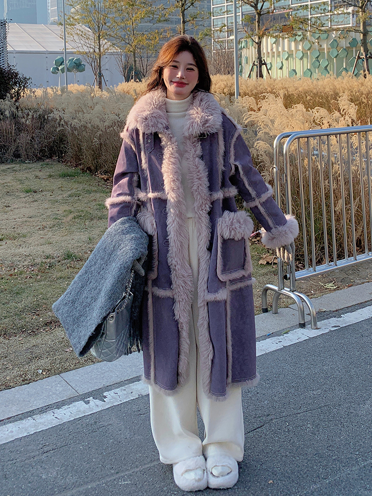 Purple High-End Faux Fur Lamb Wool Coat for Women - Vintage Loose Eco-Friendly Winter Overcoat 2025
