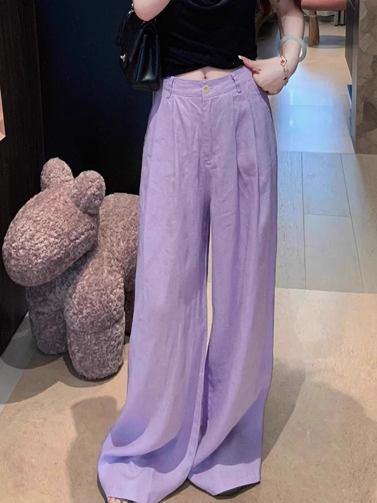 Purple High-Waisted Draped Pleated Wide-Leg Pants for Women - Summer 2025 Casual Loose Straight Trousers, Elegant High-End Fashion Purple High-Waisted Draped Pleated Wide-Leg Pants for Women - Summer 2025 Casual Loose Straight Trousers, Elegant High-End Fashion