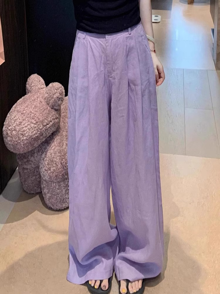 Purple High-Waisted Draped Pleated Wide-Leg Pants for Women - Summer 2025 Casual Loose Straight Trousers, Elegant High-End Fashion Purple High-Waisted Draped Pleated Wide-Leg Pants for Women - Summer 2025 Casual Loose Straight Trousers, Elegant High-End Fashion