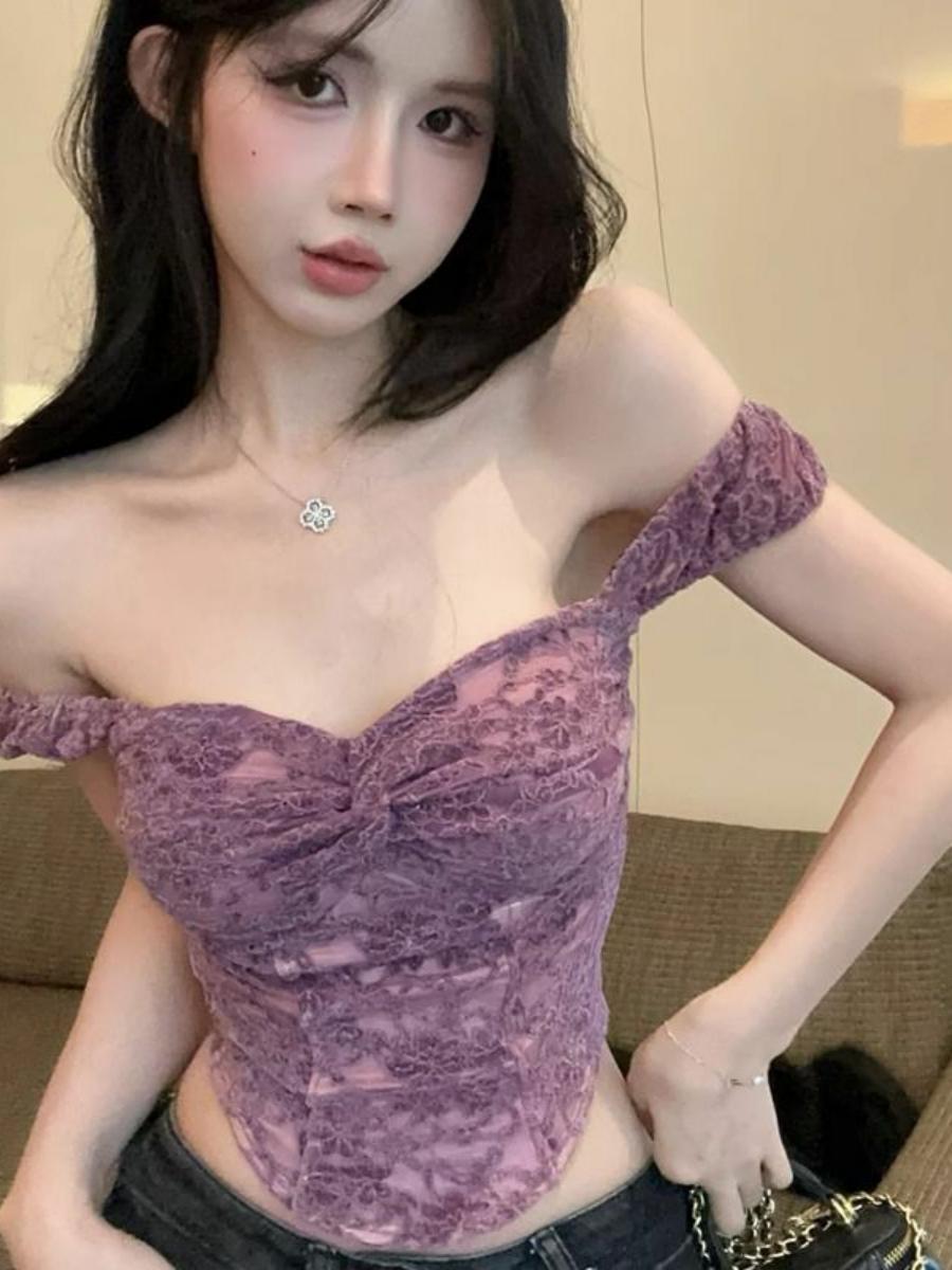 Purple Lace Camisole for Women - Summer Off-Shoulder Clavicle Crop Top, Sexy 90s Y2K Style Fashion Purple Lace Camisole for Women - Summer Off-Shoulder Clavicle Crop Top, Sexy 90s Y2K Style Fashion