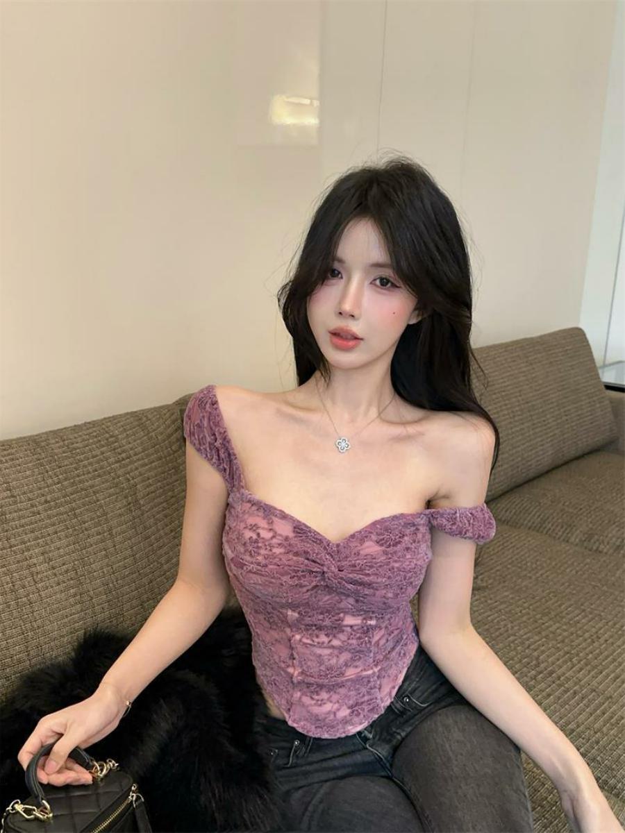 Purple Lace Camisole for Women - Summer Off-Shoulder Clavicle Crop Top, Sexy 90s Y2K Style Fashion Purple Lace Camisole for Women - Summer Off-Shoulder Clavicle Crop Top, Sexy 90s Y2K Style Fashion