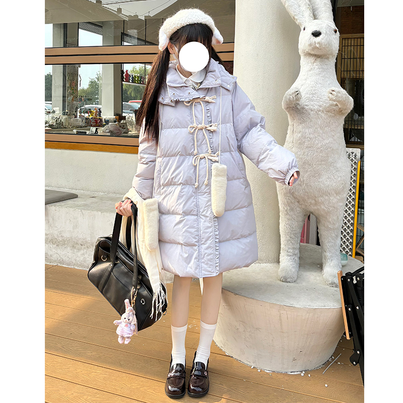 Purple Mid-Length Loose Down Jacket with Horn Buttons, Thick Slimming White Duck Down Coat, Straight Cut, JK Style, Winter Fashion