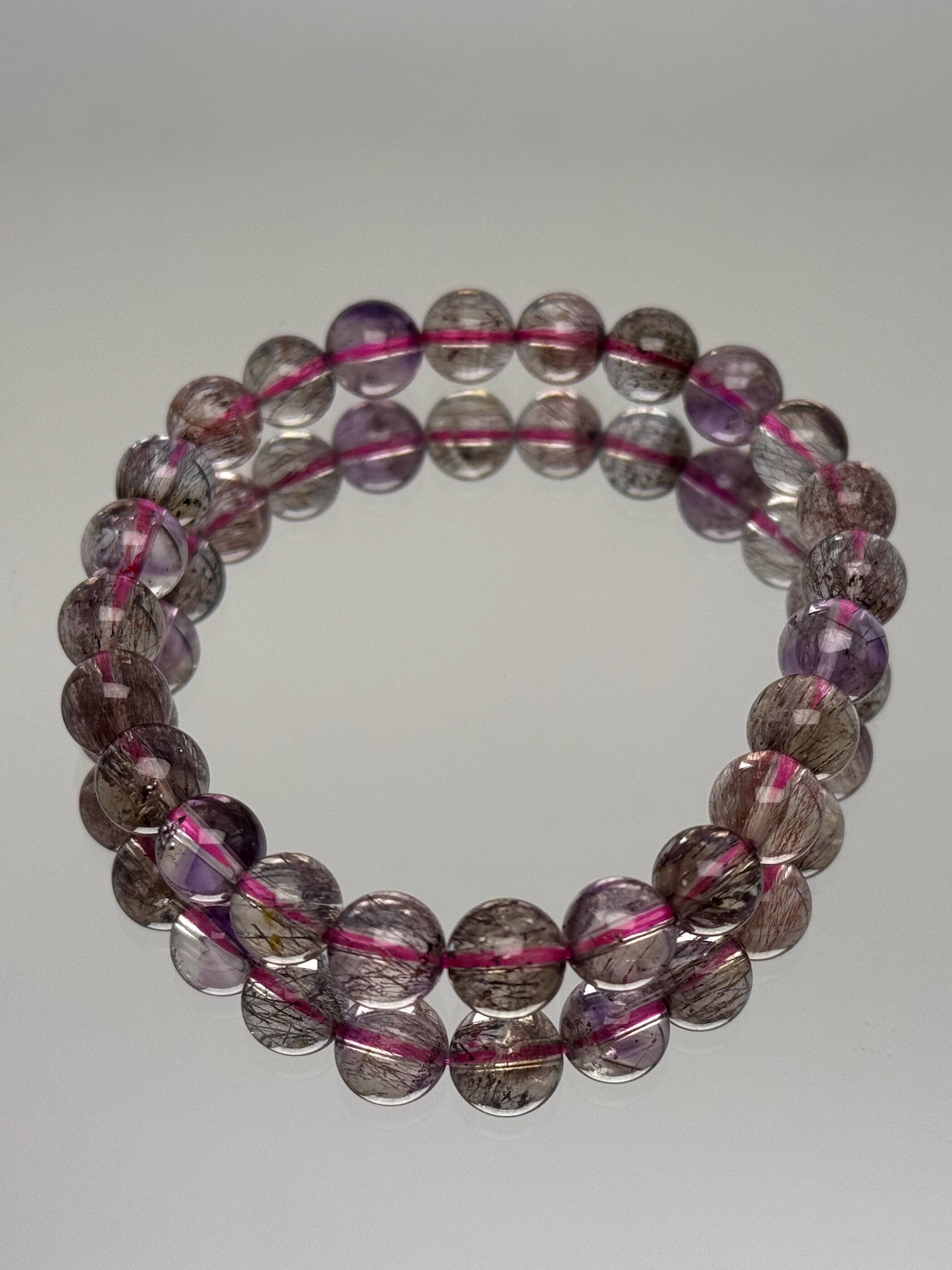 Purple Super Seven Crystal Bracelet for Women - Natural Fairy Design with Fireworks Beads and Black Currant Accents, Boho Style Purple Super Seven Crystal Bracelet for Women - Natural Fairy Design with Fireworks Beads and Black Currant Accents, Boho Style