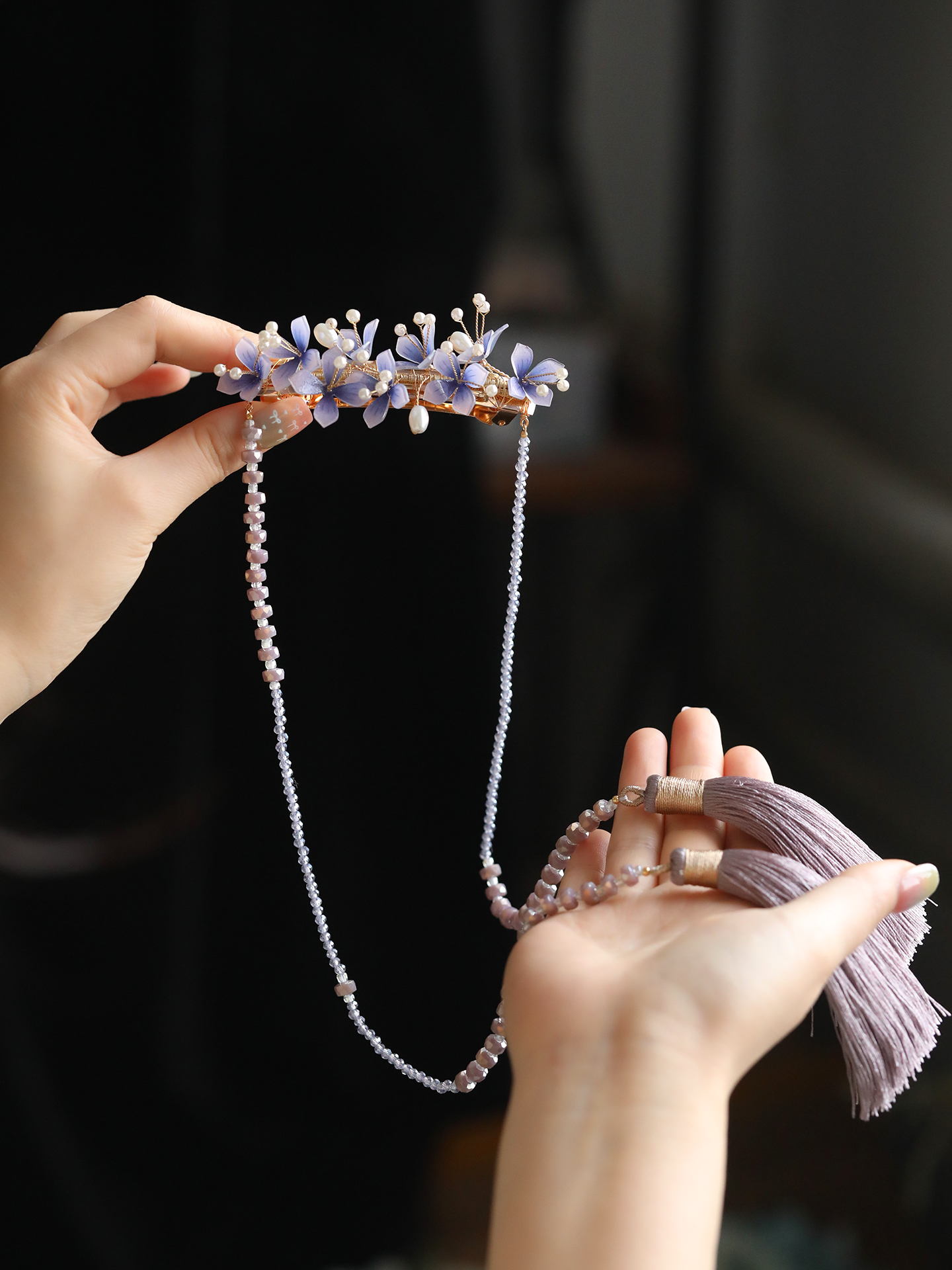 Purple Tassel Hanfu Headpiece - Ancient Style Chinese Hairpin Clip for Girls, Spring Accessory for Horse-Face Skirt