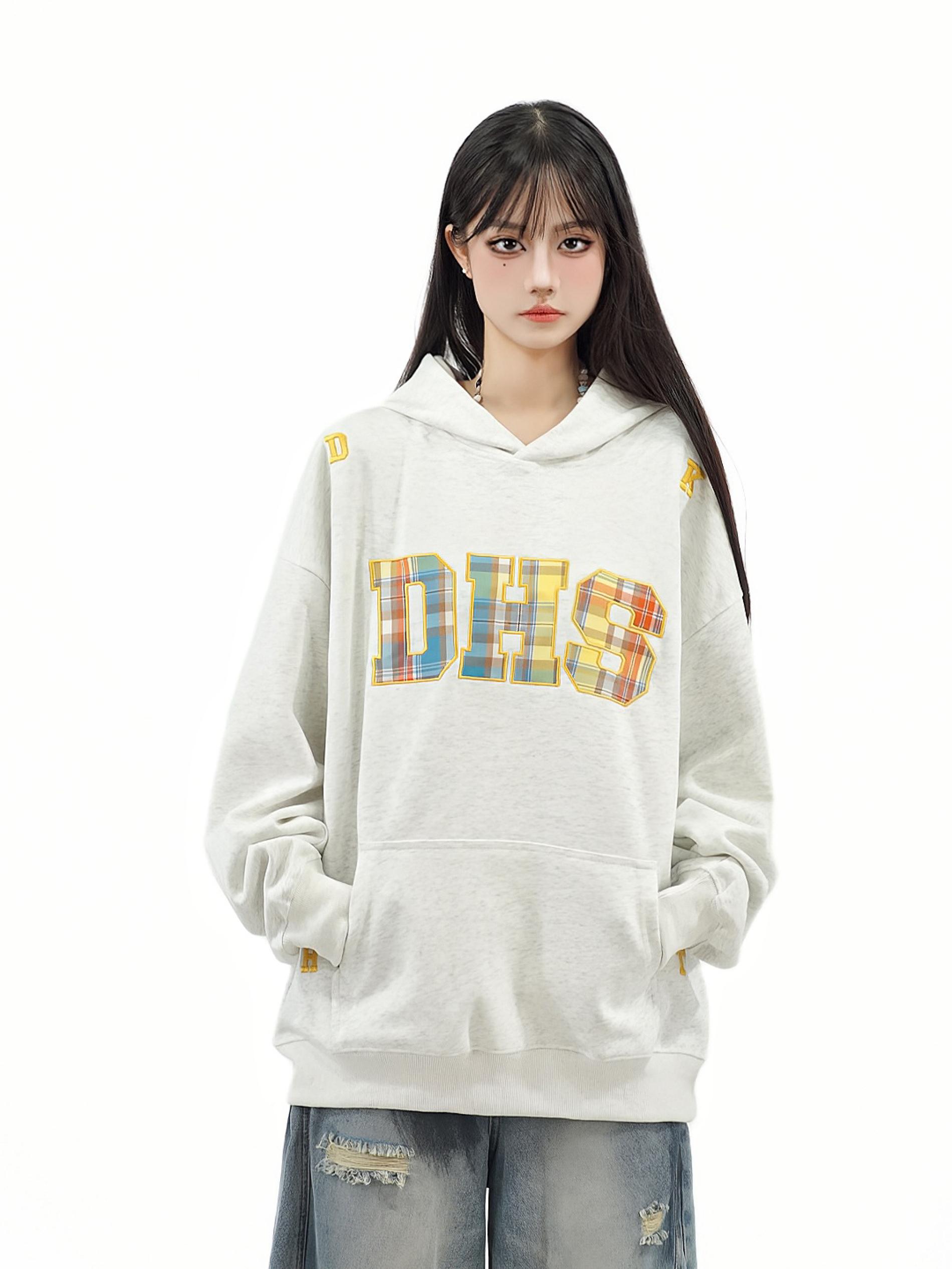 Rainbow Plaid Letter Patch Embroidery Hoodie for Women - Casual Autumn Sweatshirt in National Trend American Style Rainbow Plaid Letter Patch Embroidery Hoodie for Women - Casual Autumn Sweatshirt in National Trend American Style