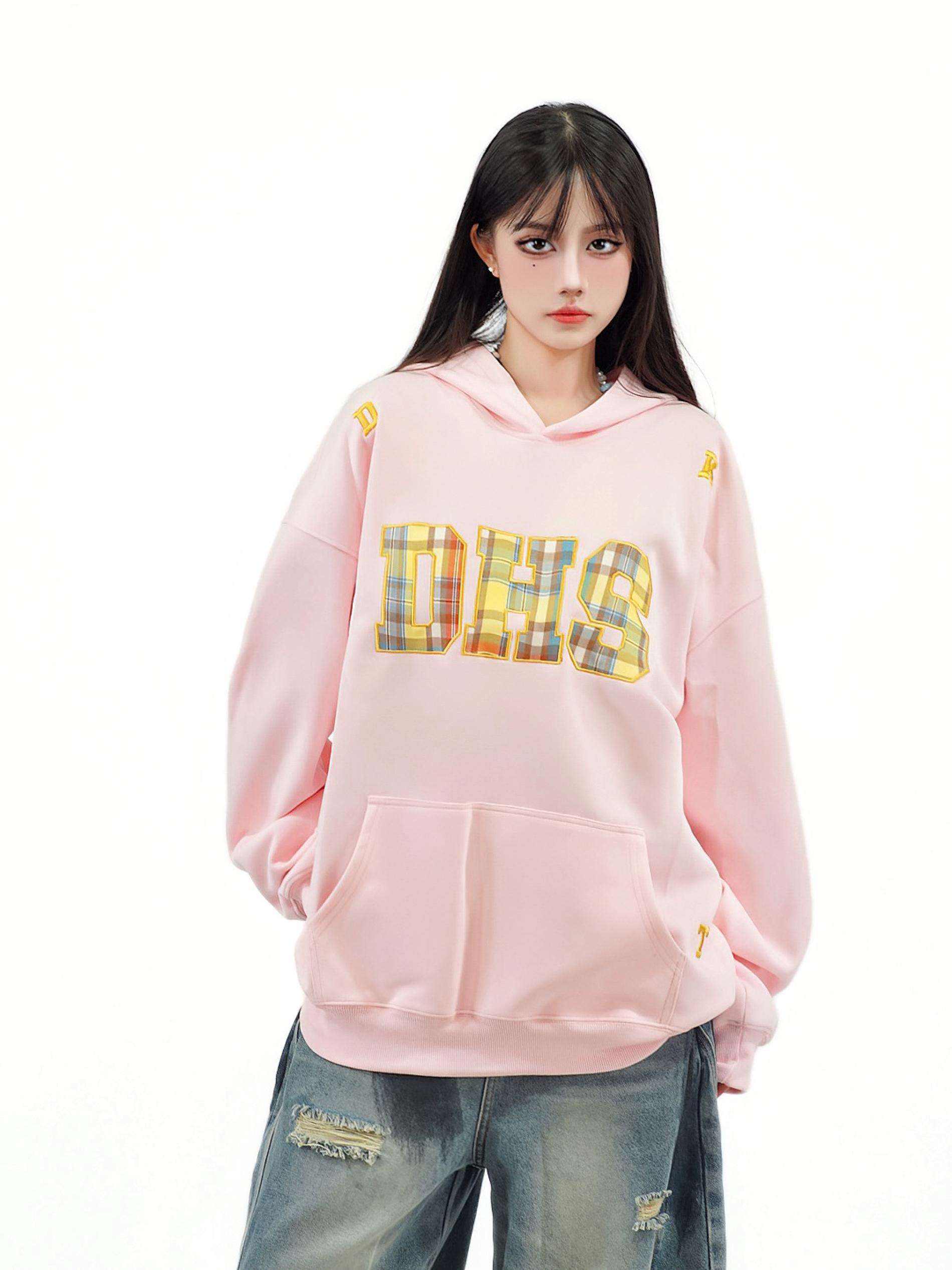 Rainbow Plaid Letter Patch Embroidery Hoodie for Women - Casual Autumn Sweatshirt in National Trend American Style Rainbow Plaid Letter Patch Embroidery Hoodie for Women - Casual Autumn Sweatshirt in National Trend American Style