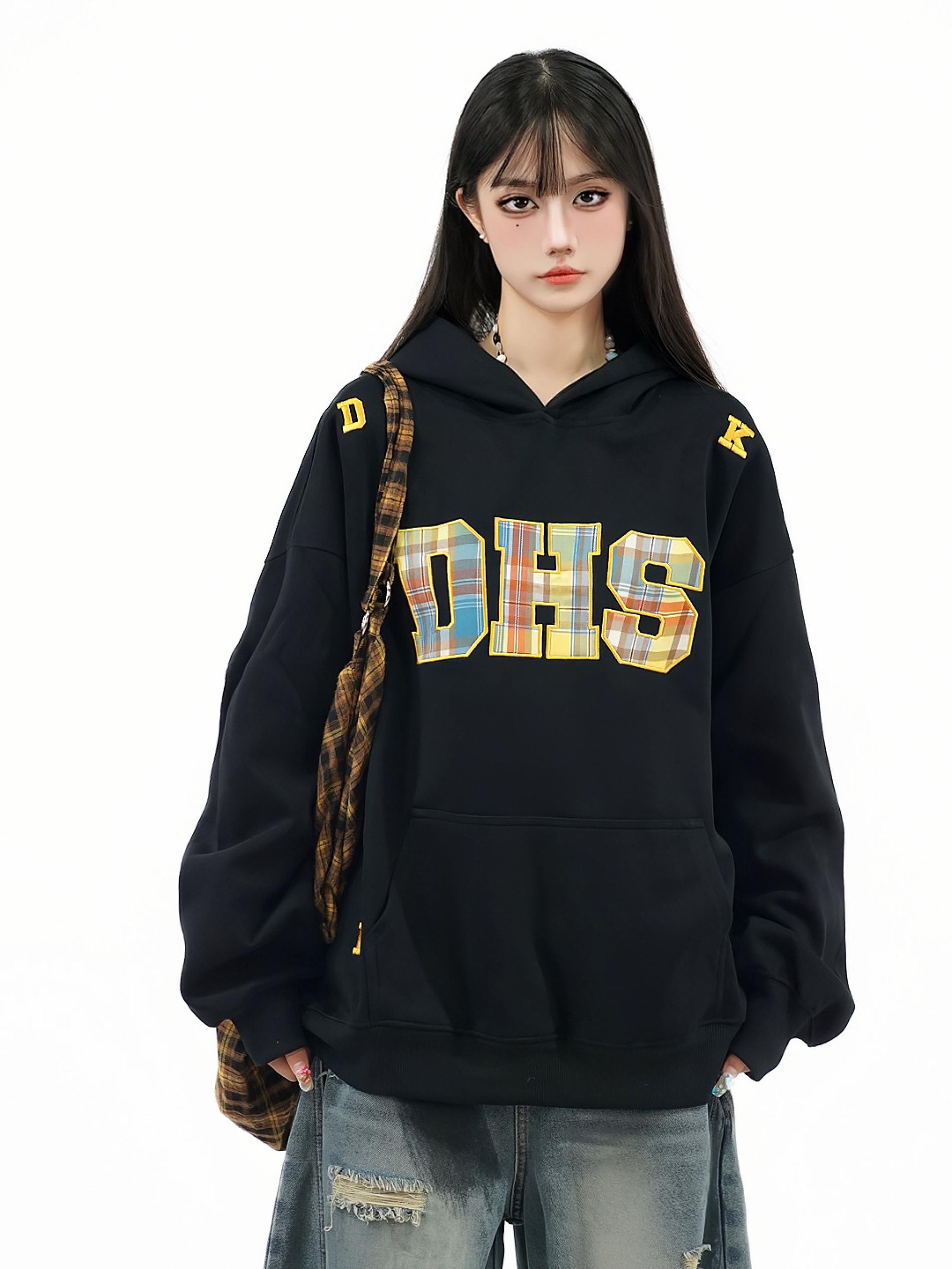 Rainbow Plaid Letter Patch Embroidery Hoodie for Women - Casual Autumn Sweatshirt in National Trend American Style
