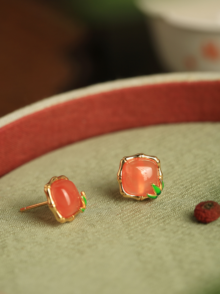 Red Agate Bamboo Joint Square Sugar Ear Studs - Chinese Style National Wind Earrings for Women, Perfect for Birth Year Celebrations Red Agate Bamboo Joint Square Sugar Ear Studs - Chinese Style National Wind Earrings for Women, Perfect for Birth Year Celebrations