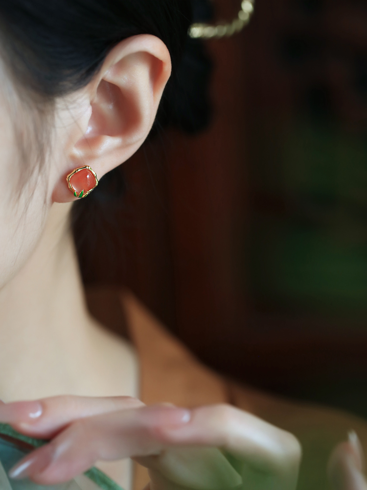 Red Agate Bamboo Joint Square Sugar Ear Studs - Chinese Style National Wind Earrings for Women, Perfect for Birth Year Celebrations Red Agate Bamboo Joint Square Sugar Ear Studs - Chinese Style National Wind Earrings for Women, Perfect for Birth Year Celebrations