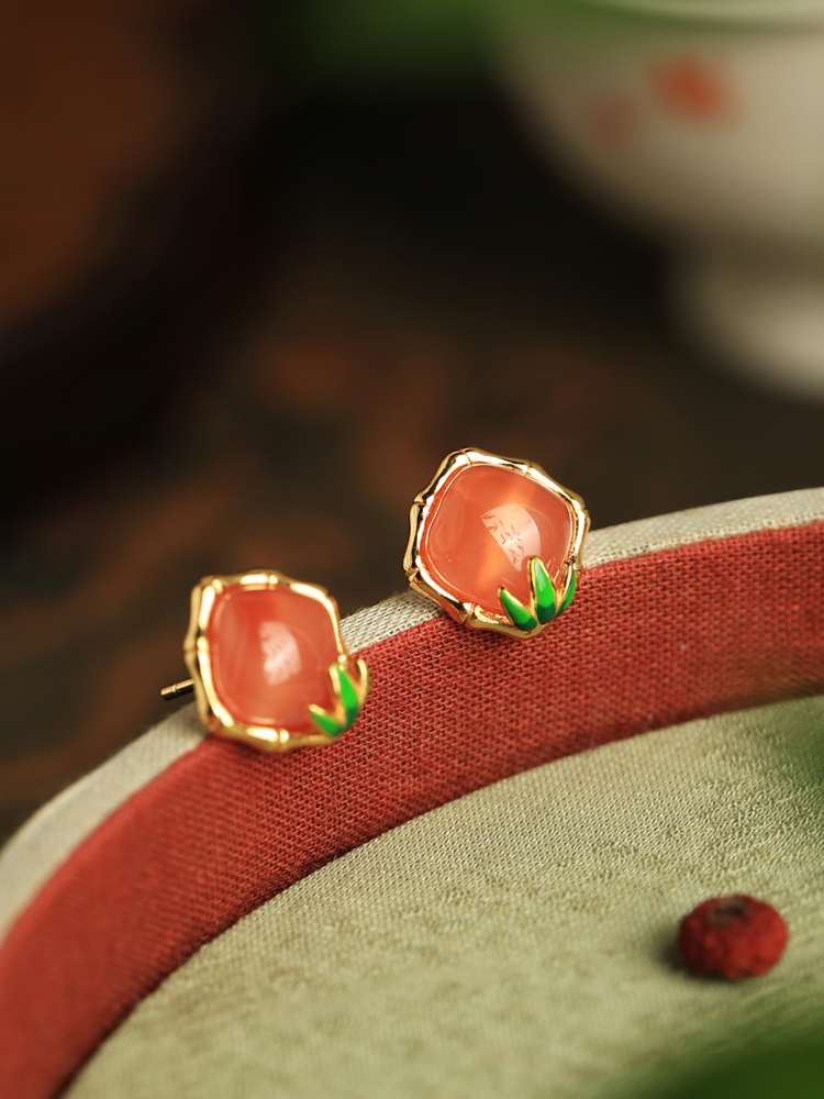 Red Agate Bamboo Joint Square Sugar Ear Studs - Chinese Style National Wind Earrings for Women, Perfect for Birth Year Celebrations Red Agate Bamboo Joint Square Sugar Ear Studs - Chinese Style National Wind Earrings for Women, Perfect for Birth Year Celebrations