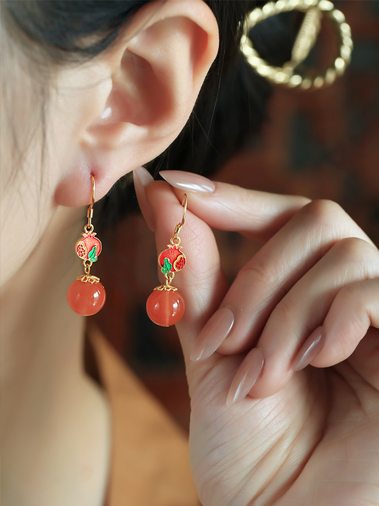 Red Agate Enamel Silver Earrings for Women - Chinese National Style Ice-Type Design for Zodiac Year