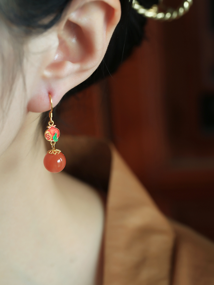 Red Agate Enamel Silver Earrings for Women - Chinese National Style Ice-Type Design for Zodiac Year Red Agate Enamel Silver Earrings for Women - Chinese National Style Ice-Type Design for Zodiac Year