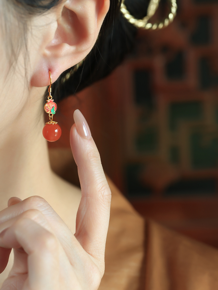 Red Agate Enamel Silver Earrings for Women - Chinese National Style Ice-Type Design for Zodiac Year Red Agate Enamel Silver Earrings for Women - Chinese National Style Ice-Type Design for Zodiac Year