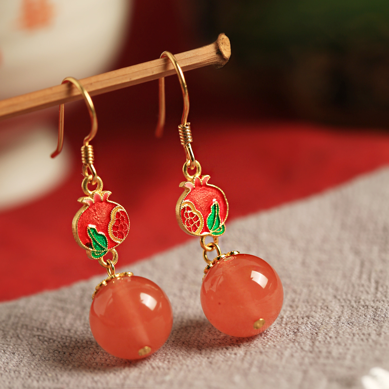 Red Agate Enamel Silver Earrings for Women - Chinese National Style Ice-Type Design for Zodiac Year