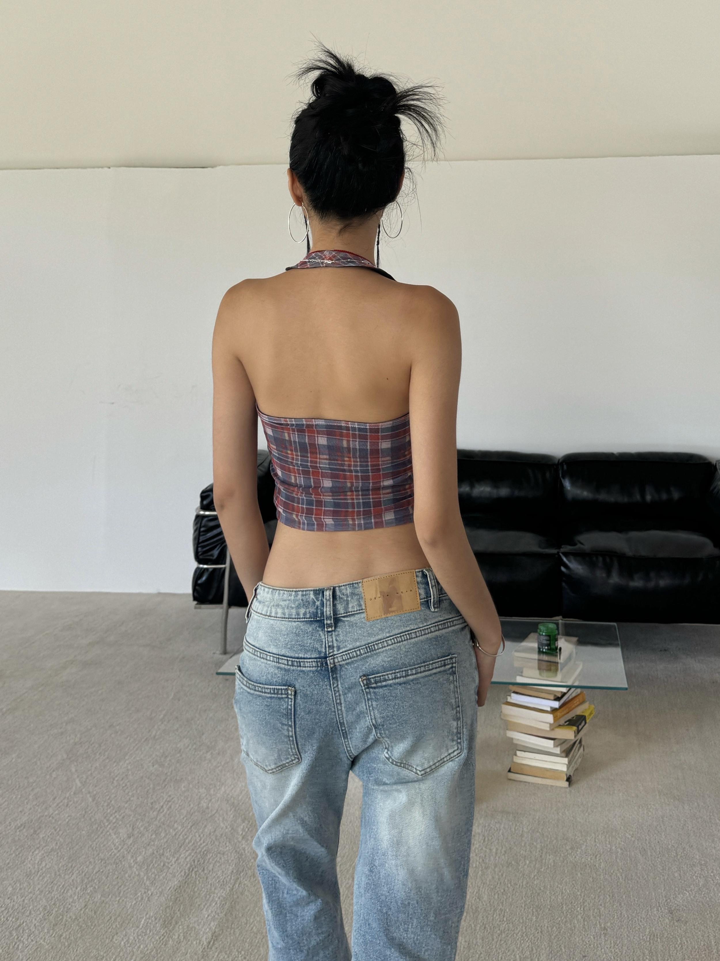 Red and Blue Plaid U-Shaped Neck Halter Top - Sexy Slim-Fit American Style Spicy Girl Fashion for Summer Nights Red and Blue Plaid U-Shaped Neck Halter Top - Sexy Slim-Fit American Style Spicy Girl Fashion for Summer Nights