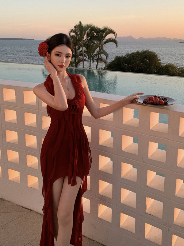 Red Halter Backless Dress - Irregular Short Front Long Back Design, Fitted Bodycon Skirt, Perfect for Beach Vacation Style Red Halter Backless Dress - Irregular Short Front Long Back Design, Fitted Bodycon Skirt, Perfect for Beach Vacation Style
