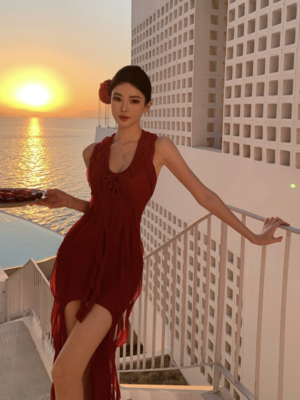 Red Halter Backless Dress - Irregular Short Front Long Back Design, Fitted Bodycon Skirt, Perfect for Beach Vacation Style Red Halter Backless Dress - Irregular Short Front Long Back Design, Fitted Bodycon Skirt, Perfect for Beach Vacation Style