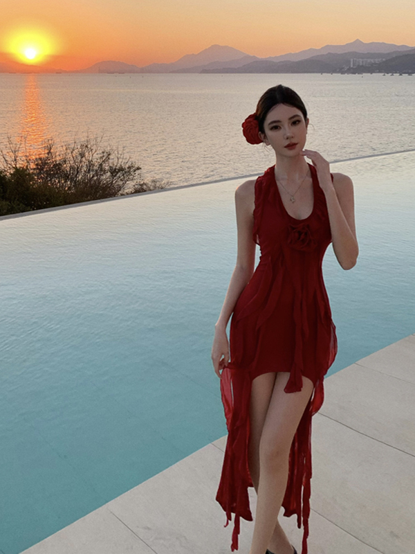 Red Halter Backless Dress - Irregular Short Front Long Back Design, Fitted Bodycon Skirt, Perfect for Beach Vacation Style Red Halter Backless Dress - Irregular Short Front Long Back Design, Fitted Bodycon Skirt, Perfect for Beach Vacation Style