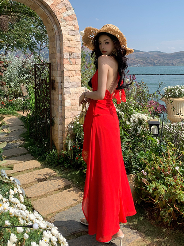 Red Irregular V-Neck Halter Split Dress for Women - Exquisite Design, Waist-Cinching, Perfect for Beach Vacations and Summer Events Red Irregular V-Neck Halter Split Dress for Women - Exquisite Design, Waist-Cinching, Perfect for Beach Vacations and Summer Events