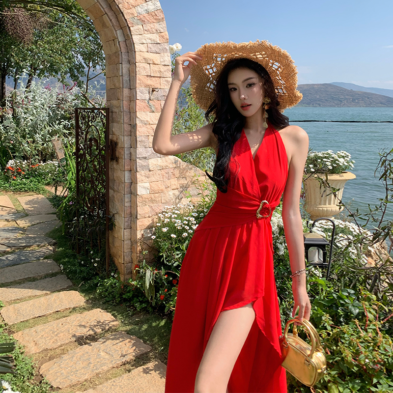 Red Irregular V-Neck Halter Split Dress for Women - Exquisite Design, Waist-Cinching, Perfect for Beach Vacations and Summer Events