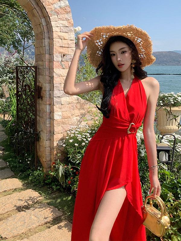 Red Irregular V-Neck Halter Split Dress for Women - Exquisite Design, Waist-Cinching, Perfect for Beach Vacations and Summer Events Red Irregular V-Neck Halter Split Dress for Women - Exquisite Design, Waist-Cinching, Perfect for Beach Vacations and Summer Events