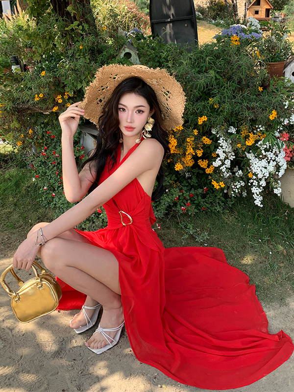 Red Irregular V-Neck Halter Split Dress for Women - Exquisite Design, Waist-Cinching, Perfect for Beach Vacations and Summer Events Red Irregular V-Neck Halter Split Dress for Women - Exquisite Design, Waist-Cinching, Perfect for Beach Vacations and Summer Events